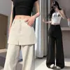 Algodón lavado con diseño estilo americano y detalle en el panel trasero, pantalones de pierna ancha para mujer, efecto dos piezas, pantalones casuales adelgazantes y ligeramente acampanados