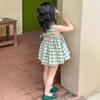 Conjunto Plaid de Verão para Meninas 2026 Estilo Fresco Verde Tecido Plaid Camisa Boneca Colete Vestido Shorts Conjunto de Duas Peças