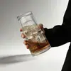 Taza de Vidrio de Gran Capacidad de Moda con Tapa y Popote, Vaso de Agua con Raya Vertical, Vaso de Vidrio con Raya Vertical para Bebidas Frías, Vaso para Jugo, Taza de Café