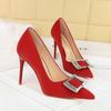 3265-K71 Moda Elegante Tacones Altos Zapatos de Tacón de Aguja con Pedrería y Hebilla Cuadrada de Boca Baja para Mujer Zapatos de Punta de Gama Alta para Mujer
