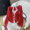 Camiseta Sexy Estilo Puro Desejo Falsa Duas Peças com Gola Halter Renda Manga Longa para Mulheres, Novo Top Vermelho Slim Fit Emagrecedor para o Ano Novo