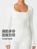 Camiseta Elegante de Manga Larga con Cuello Cuadrado para Mujer Caijue, Estilo Americano Otoñal, Corte Ajustado, Alta Elasticidad, Top de Yoga