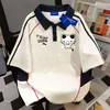 Camiseta de Manga Corta con Cuello Polo Estilo Americano de Dibujos Animados 100% Algodón Puro para Hombres y Mujeres, Verano Holgada, Adelgazante, Top Casual para Parejas Ins