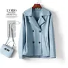 Chaqueta de Cuero Negra Estilo Regular para Mujer 2025 con Solapas de Doble Botonadura, Abrigo de Cuero Estilo Coreano, Nueva Chaqueta de Otoño e Invierno