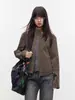Chaqueta de cuero retro gris-verde-marrón con cuello alto, corte ajustado, para mujer, diseño de otoño, adelgazante y versátil, chaqueta corta de cuero