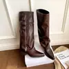 Botas de montar de cuero Ruth's style con hebilla, punta fina, para mujer, que aumentan la altura, adelgazantes, de pierna ancha, con tacón grueso, botas largas con cremallera lateral