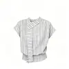 Camisa Listrada Estilo Universitário Coreano para Mulheres, Manga Curta de Verão, Caimento Solto, Design Rejuvenescedor, Gola de Lapela com Design de Fita, Top de Nicho