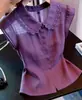Camisa de verão roxa estilo francês com gola Peter Pan e detalhes em renda, de manga curta, para mulheres, top elegante e que afina a silhueta para o trabalho
