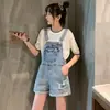 Macacão Curto Jeans para Mulheres, Estilo Coreano de Verão, Soltinho e Fofo, Cintura Alta, Emagrecedor, Estiloso, Rejuvenescedor, Para Baixinhas, Macacão da Moda