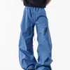 Calça de trabalho azul montanha estilo francês retrô, coleção de outono masculina, com design plissado, tecido de secagem rápida, adequada para caminhada, lazer e esportes.