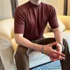 Camiseta masculina de verão, luxo leve, gola semimang alta, manga curta em Liocel, fina como seda gelada, manga curta, estilo old money, camisa base com punho na manga