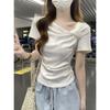 Real Shot 2025 Verão Novo Estilo Coreano Design de Nó Suave Cor Doce All-match Camiseta de Manga Curta Top Pequeno para Mulheres