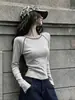 Camiseta retro de manga larga gris estilo americano para mujer, corte ajustado, con mangas raglán, adecuada como capa base o prenda exterior, diseñada para otoño