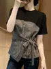Blusa Curta Color Block Tendência e Estilosa para Mulheres, Moda Verão Plus Size, Camiseta Slimming Falsa de Duas Peças