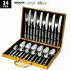 Juego de Cubiertos de Acero Inoxidable Columna Romana Dorada Caja de Madera 24 Piezas Estilo Occidental Cuchillo para Bistec, Tenedor y Cuchara