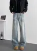 Jeans de pierna ancha de diseño recto holgado retro americano de moda para hombre, estilo gatito lavado con efecto desgastado, transfronterizos