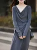 Traje de Malha Lã Worsted Cor Sólida Manga Longa Gola Swing Cintura Alta Longo Outono Novo 25 Anos