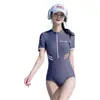 Novo Estilo Conservador Manga Curta Gola Alta Zíper Esportivo Secagem Rápida Peça Única Traje de Natação de Corrida para Mulheres Piscina