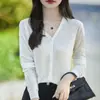 Cárdigan de punto V de lana soluble en agua para principios de primavera, otoño y verano, de manga larga, color liso, fino, holgado, chaqueta superior versátil para mujer