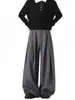 Pantalones plisados negros para hombre para primavera y otoño, corte holgado, pierna ancha, pantalones casuales, pantalones de traje rectos de moda high-street americano