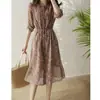Vestido de seda de amoreira de alta qualidade com estampa floral doce, estilo camisa com amarração e cordão, vestido feminino de verão estilo francês