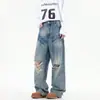 Jeans de Marca Tendencia Retro Americano para Hombre, Pantalones Anchos Sueltos Desgastados Rasgados, Jeans Ajustados Lavados de Calle para Hombre