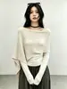 Blusa de Tricô Manga Longa Irregular Solta Estilo Coreano Feminina 2026 Outono Nova Chegada Falsa Duas Peças Ombro Inclinado