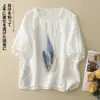# 605 Camiseta de lino de manga corta para mujer, estilo artístico retro de Hong Kong, nueva camisa de algodón y lino de verano