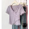 Nueva Camiseta de Manga Corta con Cuello en V de Encaje Dulce Estilo Coreano Deseo Puro para Mujer Verano Look Adelgazante Ajustado Top Corto