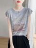 Verano Nuevo Estilo Manga Corta con Vuelo Pequeño Estampada Cuello Redondo Camiseta de Manga Corta para Mujer Moda Delgada Casual Versátil Top Fino