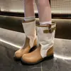 Hebilla de cinturón de estilo nuevo con empalme 2026 botas vintage de estilo británico para mujer, ajuste ceñido, botines de cuero suave con tacones gruesos