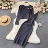 Top de Malha Curto Chic Vintage Estilo Hong Kong Alcinha Decote V Elegante Vestido de Quadril Conjunto Empilhado de Duas Peças