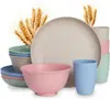 Suministro Transfronterizo Plato, Tazón, Taza, Cuchillo, Tenedor, Cuchara, Palillos de Paja de Trigo, Vajilla Portátil para 4 Personas, Set de Tazón, Plato y Taza para Exteriores