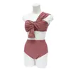 Biquíni Simples Coreano Sexy Ombro Inclinado Push-Up para Seios Pequenos Cintura Alta Uma Alça Cor Sólida Controle de Barriga Emagrecedor Conjunto de Duas Peças para Mulheres