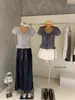 Wgwe8911 Ropa de Mujer Shisanxing de Guangzhou Primavera/Verano Nuevo Top a Cuadros con Mangas Abullonadas y Cuello en V con Lazo en la Cintura