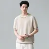 Estilo Old Money Tejido de Punto de Tencel Lino Manga Corta Verano Hombre Delgado Gama Alta Mezcla de Seda de Hielo Camiseta Casual de Negocios Manga Media