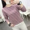 Ropa de Primavera y Otoño Cubre Vientre Top de Algodón Camiseta de Manga Larga para Mujer Holgada Talla Grande Rayas Ropa de Otoño Camiseta Base Fina Interior