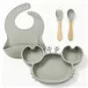 Juego de Alimentación para Bebé de Silicona de 4 Piezas, Plato con Ventosa de Cangrejo, Babero Impermeable, Kit de Vajilla Autoalimentaria Libre de BPA para Niños Pequeños