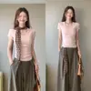 Camiseta Rosa de Cuello en V y Manga Corta para Mujer, Nueva de Verano 2026, Ajustada, Hombro Normal, Top de Moda para Cintura con Mangas Medias