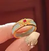 Conjunto de Anéis Auspiciosos de Jade Dourado com Banho de Ouro, Rubi e Calcedônia Branca, Novo Estilo Chinês Retrô, Estilo Nacional, Padrão de Janela Florida, Anel DIY