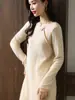 Nuevo Vestido de Lana Liso con Lentejuelas y Hebilla Estilo Chino para Mujer Otoño e Invierno Vestido Suéter de Longitud Media Vestido Cheongsam de Punto Ajustado