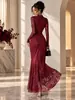 Vestido de Festa Longo de Renda Outono e Inverno para Comércio Exterior Europeu e Americano, Gola Semi-Alta Manga Longa Emagrecedor Valorizador Barra Larga
