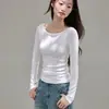 Camiseta Elegante de Manga Larga Off-Shoulder con Escote Barco de Eco-Seda de 260g para Mujer, Corte Ajustado, Ceñida a la Cintura, Top Básico Versátil