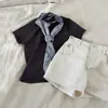 Camiseta Simple y Versátil de Manga Corta Estilo Coreano para Niñas Traje de Verano para Niños Shorts de Mezclilla Casual Nuevos Conjunto de Dos Piezas Moderno
