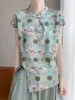 Camisa Retro de Verão com Gola Cheongsam, Estampa em Seda Sintética, Manga Curta, Design Feminino Emagrecedor, Top Estilo Chinês