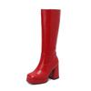 Botas Altas de Tacón Grueso Super Alto Color Rojo Plateado para Mujer Punta Cuadrada Cremallera Lateral Botas Altas hasta la Rodilla para Mujer Botas Martin hasta la Rodilla Mujer
