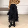 Falda irregular de encaje estilo francés para mujer, falda larga de malla de punto de otoño de cintura alta adelgazante con un dobladillo grande