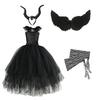 Vestido de Bruja Alto y Bajo para Niños Disfraz de Cosplay de Halloween para Actuación Vestido de Malla Negra Falda para Niñas