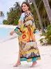 Cubierta playera de rayón estampada con protección solar para mujer, cubrepase de bikini, ropa de playa de longitud media