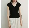 Camiseta de manga corta de tacto frío y fibra fina con cuello UV, camiseta de punto de corte ajustado, adelgazante, fina, fresca, para mujer